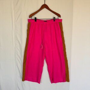 j. Crew 100% Linen Pink Brown Stripe Elastic Waist Crop Wide Leg Pants Size XL